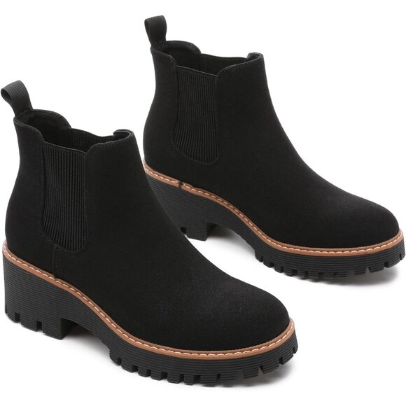 Womens Black Suede Leather Low Wedge Heel Slip On Chunky Platform Ankle Boots - Picture 4 of 6